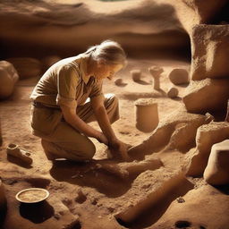 An evocative scene titled 'Unearthing the Past,' depicting an archaeologist carefully excavating ancient artifacts from a historical site