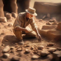 An evocative scene titled 'Unearthing the Past,' depicting an archaeologist carefully excavating ancient artifacts from a historical site