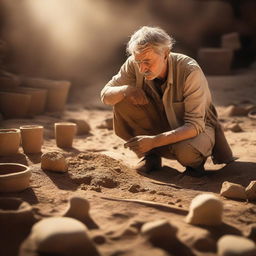 An evocative scene titled 'Unearthing the Past,' depicting an archaeologist carefully excavating ancient artifacts from a historical site