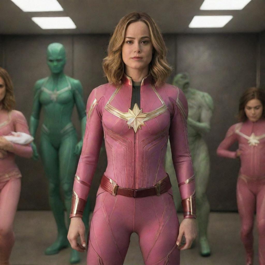 Brie Larson as Captain Marvel, dressed in a baby-like pink outfit and diapers, surrounded by alien females acting as her babysitters. The atmosphere is kinship and comic