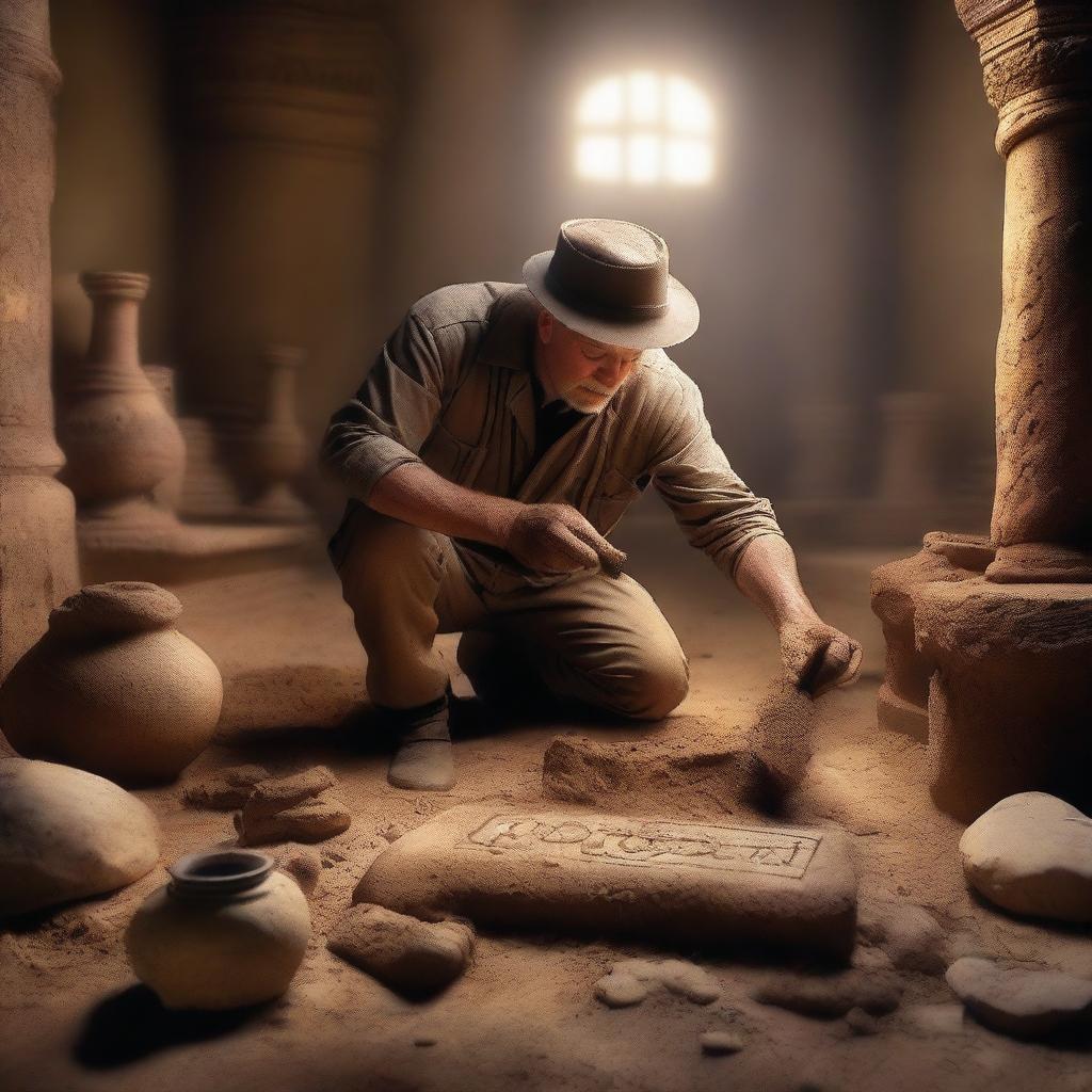 A mysterious scene titled 'Unearthing the Past,' depicting an archaeologist carefully excavating ancient artifacts from a historical site