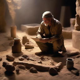 A mysterious scene titled 'Unearthing the Past,' depicting an archaeologist carefully excavating ancient artifacts from a historical site