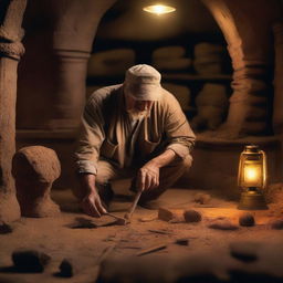 A mysterious scene titled 'Unearthing the Past,' depicting an archaeologist carefully excavating ancient artifacts from a historical site