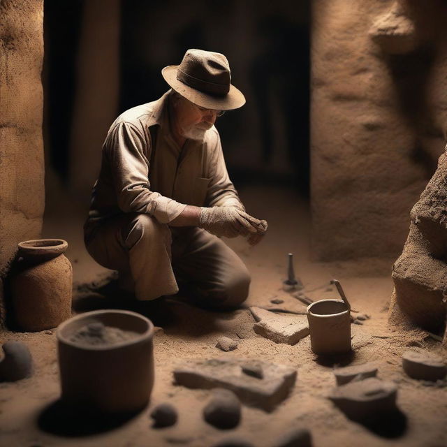 A mysterious scene titled 'Unearthing the Past,' depicting an archaeologist carefully excavating ancient artifacts from a historical site