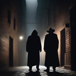 A mysterious scene titled 'Shadows Collide,' depicting two shadowy figures clashing in a moonlit alley