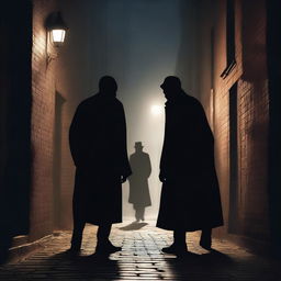 A mysterious scene titled 'Shadows Collide,' depicting two shadowy figures clashing in a moonlit alley