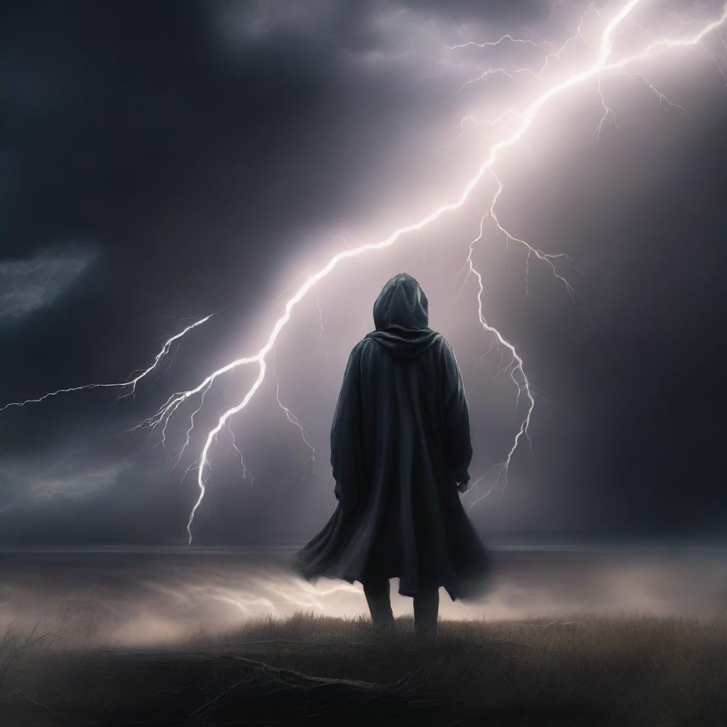 A dramatic scene titled 'Chapter 10: A Whisper in the Storm,' depicting a lone figure standing against a raging storm