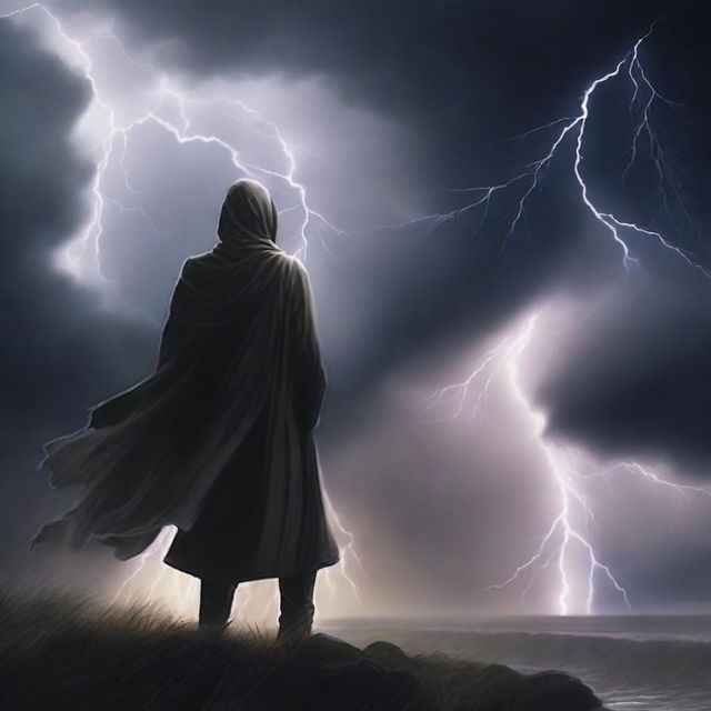 A dramatic scene titled 'Chapter 10: A Whisper in the Storm,' depicting a lone figure standing against a raging storm