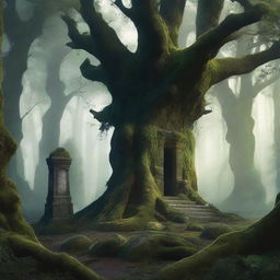 An evocative scene titled 'Blackwood Legacy,' depicting an ancient, overgrown forest with towering blackwood trees