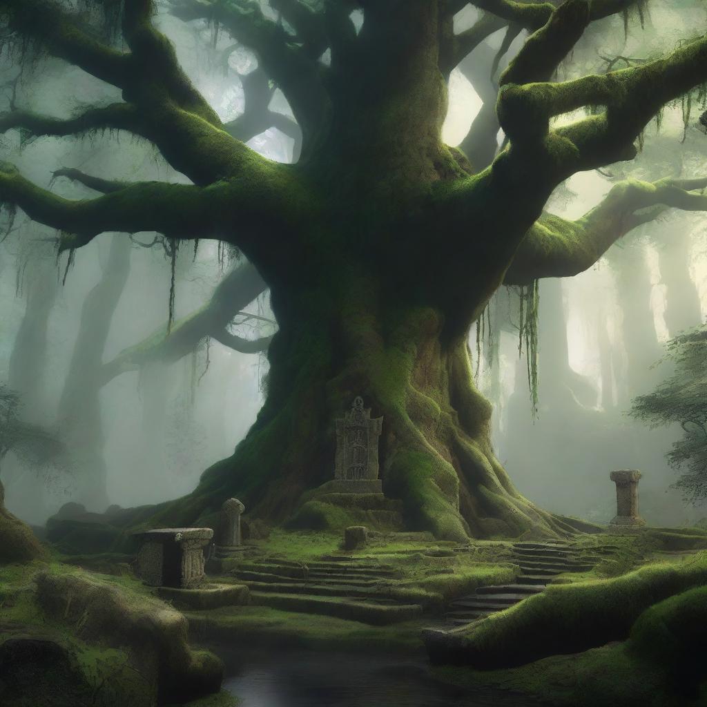 An evocative scene titled 'Blackwood Legacy,' depicting an ancient, overgrown forest with towering blackwood trees