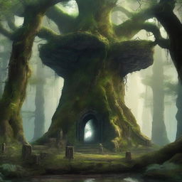 An evocative scene titled 'Blackwood Legacy,' depicting an ancient, overgrown forest with towering blackwood trees