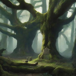 An evocative scene titled 'Blackwood Legacy,' depicting an ancient, overgrown forest with towering blackwood trees