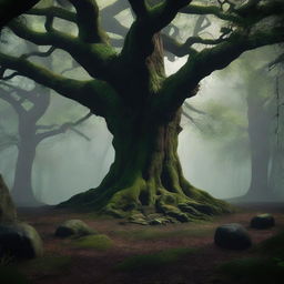 An evocative scene titled 'Blackwood Legacy,' depicting an ancient, overgrown forest with towering blackwood trees