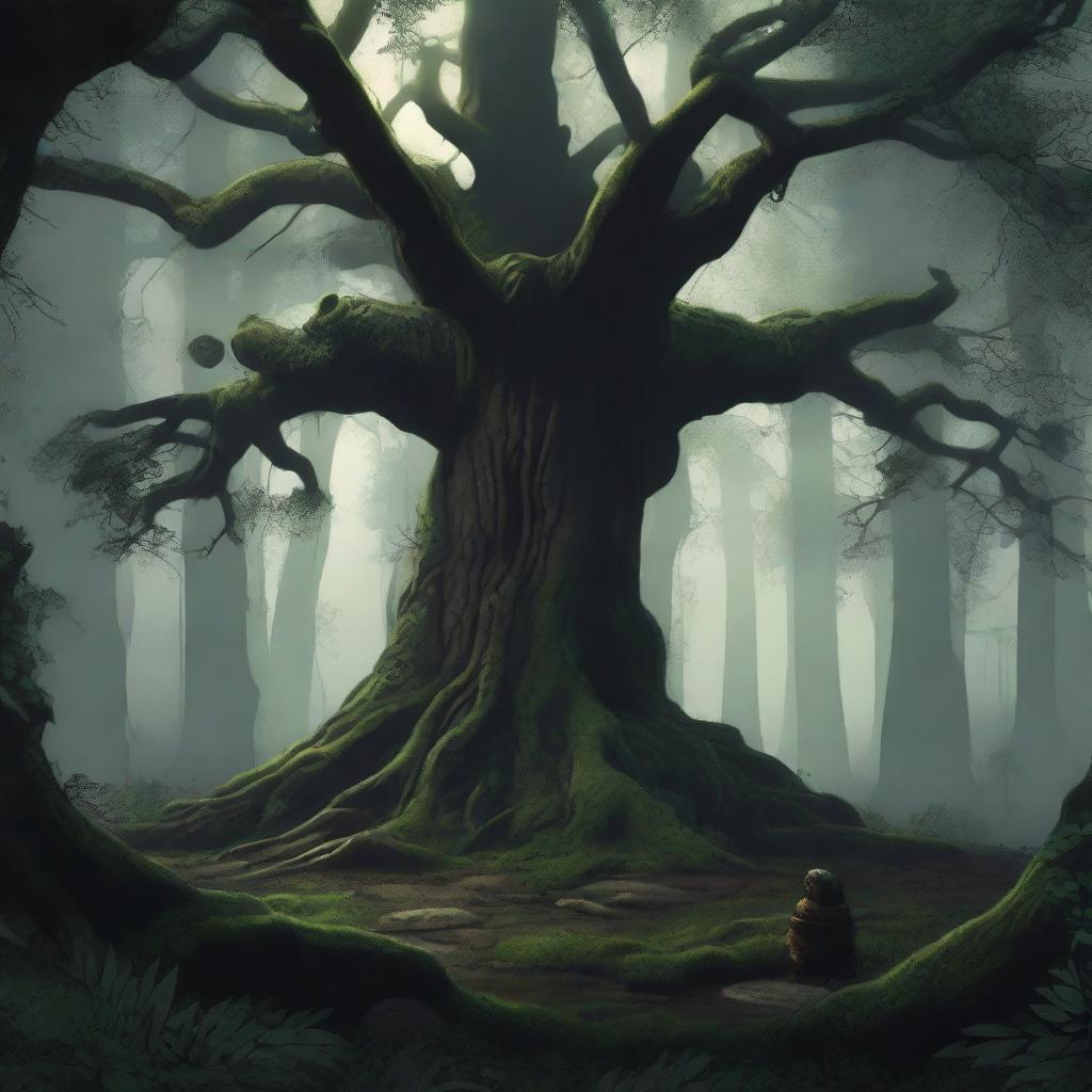 An evocative scene titled 'Blackwood Legacy,' depicting an ancient, overgrown forest with towering blackwood trees