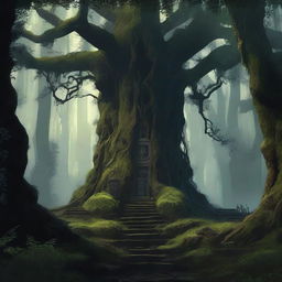 An evocative scene titled 'Blackwood Legacy,' depicting an ancient, overgrown forest with towering blackwood trees