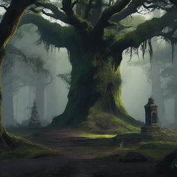 An evocative scene titled 'Blackwood Legacy,' depicting an ancient, overgrown forest with towering blackwood trees