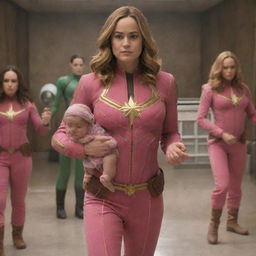 Brie Larson as Captain Marvel, dressed in a baby-like pink outfit and diapers, surrounded by alien females acting as her babysitters. The atmosphere is kinship and comic