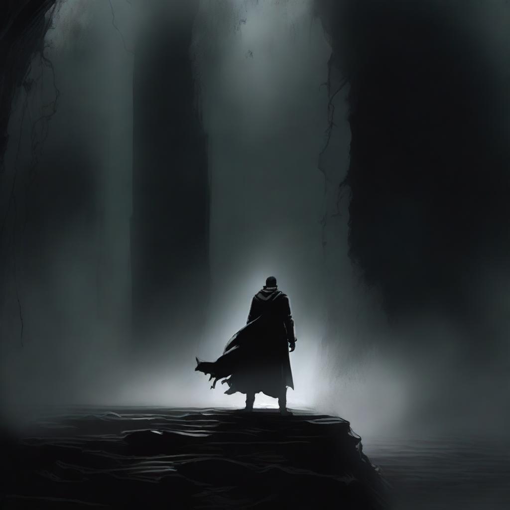 A powerful scene titled 'Confronting Darkness,' depicting a lone hero standing at the edge of a dark, foreboding abyss