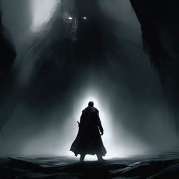 A powerful scene titled 'Confronting Darkness,' depicting a lone hero standing at the edge of a dark, foreboding abyss