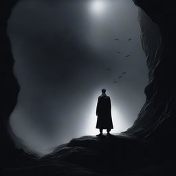 A powerful scene titled 'Confronting Darkness,' depicting a lone hero standing at the edge of a dark, foreboding abyss