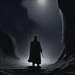 A powerful scene titled 'Confronting Darkness,' depicting a lone hero standing at the edge of a dark, foreboding abyss