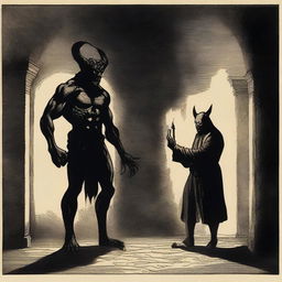 A dramatic scene titled 'Demon's Bargain,' depicting a tense negotiation between a human and a menacing demon