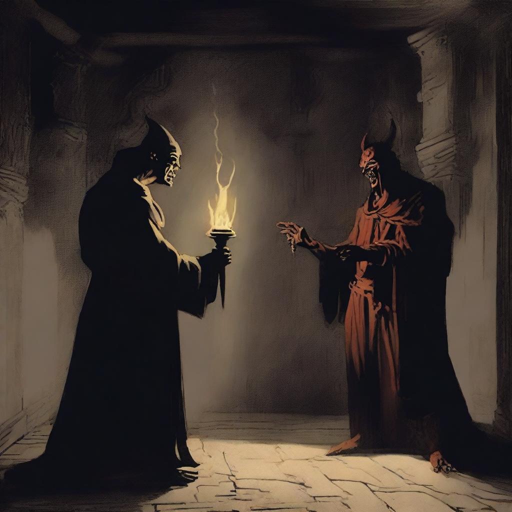 A dramatic scene titled 'Demon's Bargain,' depicting a tense negotiation between a human and a menacing demon