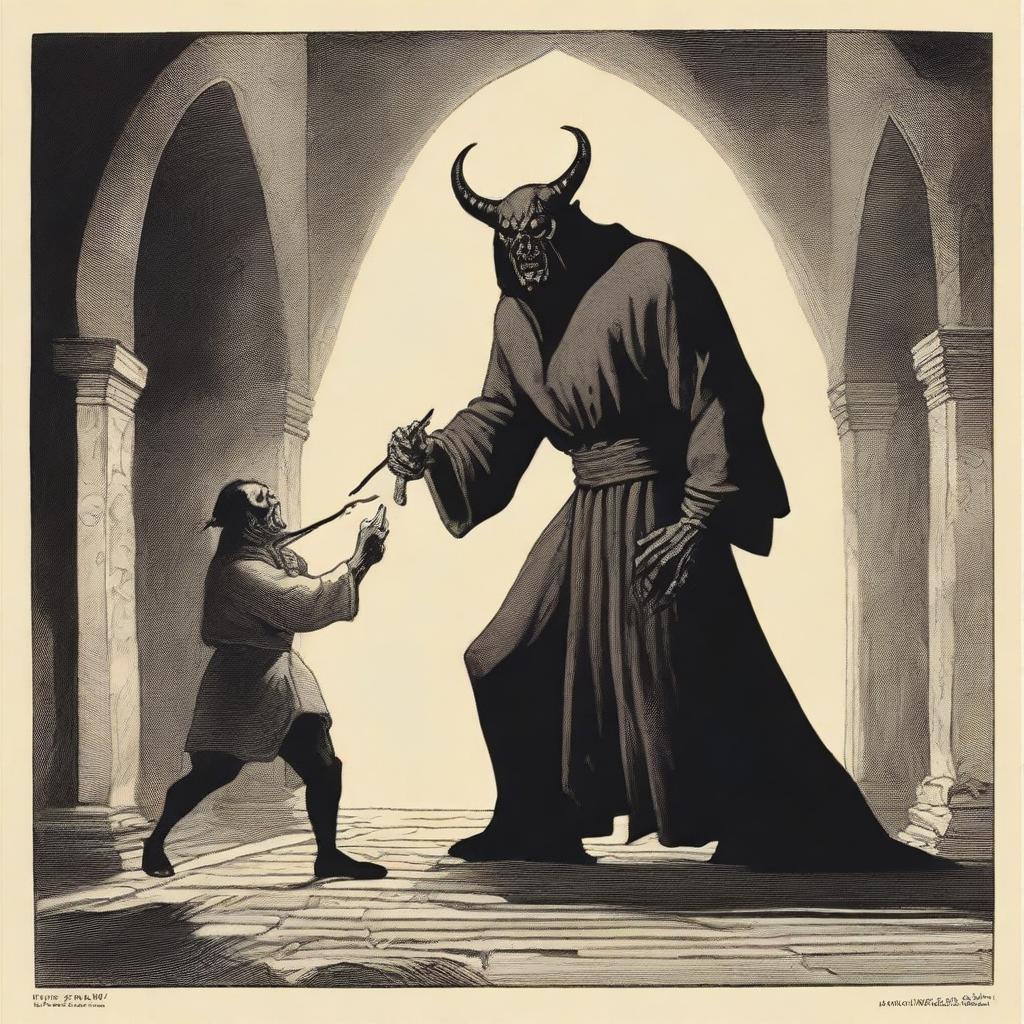 A dramatic scene titled 'Demon's Bargain with Human,' depicting a sinister demon negotiating with a wary human in a dark, eerie setting