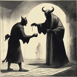 A dramatic scene titled 'Demon's Bargain with Human,' depicting a sinister demon negotiating with a wary human in a dark, eerie setting