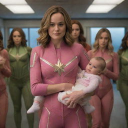 Brie Larson as Captain Marvel, dressed in a baby-like pink outfit and diapers, surrounded by alien females acting as her babysitters. The atmosphere is kinship and comic