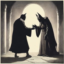 A dramatic scene titled 'Demon's Bargain with Human,' depicting a sinister demon negotiating with a wary human in a dark, eerie setting