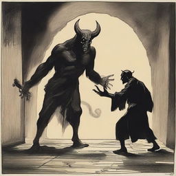 A dramatic scene titled 'Demon's Bargain with Human,' depicting a sinister demon negotiating with a wary human in a dark, eerie setting