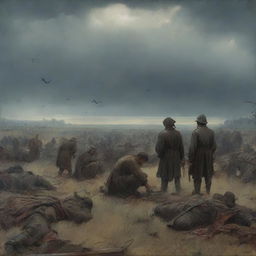 An evocative scene titled 'Chapter 14: The Aftermath,' capturing the quiet and somber moments following a great battle