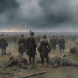 An evocative scene titled 'Chapter 14: The Aftermath,' capturing the quiet and somber moments following a great battle