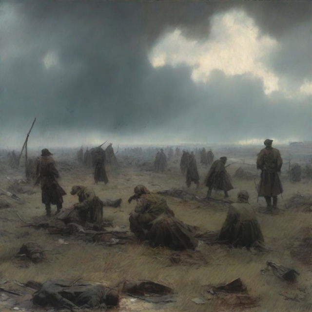 An evocative scene titled 'Chapter 14: The Aftermath,' capturing the quiet and somber moments following a great battle