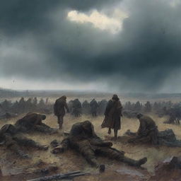 An evocative scene titled 'Chapter 14: The Aftermath,' capturing the quiet and somber moments following a great battle