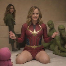 Brie Larson as Captain Marvel, dressed in a humorous baby outfit with pink clothing and diapers, surrounded by otherworldly female aliens who are interacting with her as if they are babysitters.