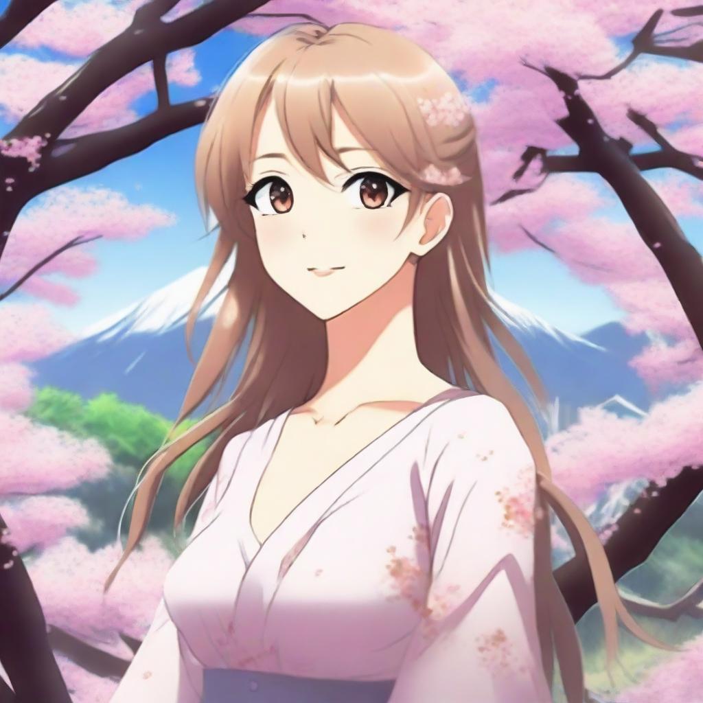 A beautiful anime girl with flowing hair, big expressive eyes, and a serene smile