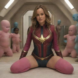 Brie Larson as Captain Marvel, dressed in a humorous baby outfit with pink clothing and diapers, surrounded by otherworldly female aliens who are interacting with her as if they are babysitters.