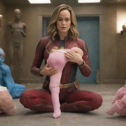 Brie Larson as Captain Marvel, dressed in a humorous baby outfit with pink clothing and diapers, surrounded by otherworldly female aliens who are interacting with her as if they are babysitters.