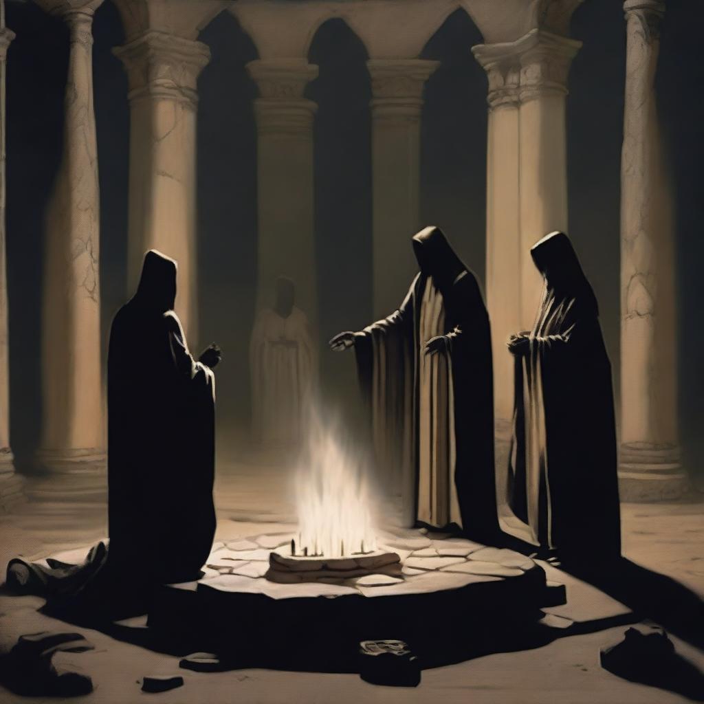 A dramatic scene titled 'The Ritual,' depicting a group of robed figures gathered in a circle around an ancient stone altar