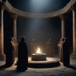 A dramatic scene titled 'The Ritual,' depicting a group of robed figures gathered in a circle around an ancient stone altar