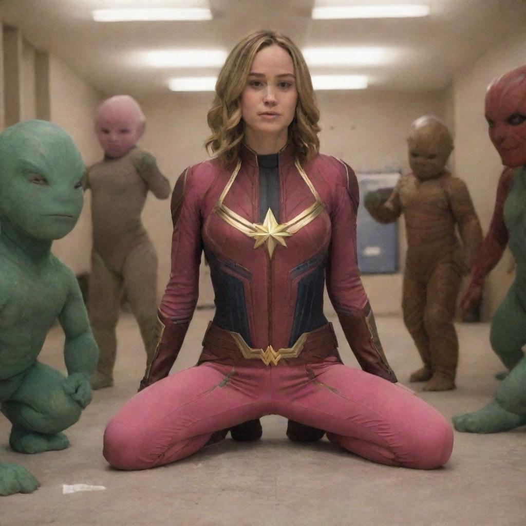 Brie Larson as Captain Marvel, dressed in a humorous baby outfit with pink clothing and diapers, surrounded by otherworldly female aliens who are interacting with her as if they are babysitters.