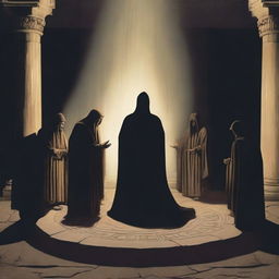 A dramatic scene titled 'The Ritual,' depicting a group of robed figures gathered in a circle around an ancient stone altar