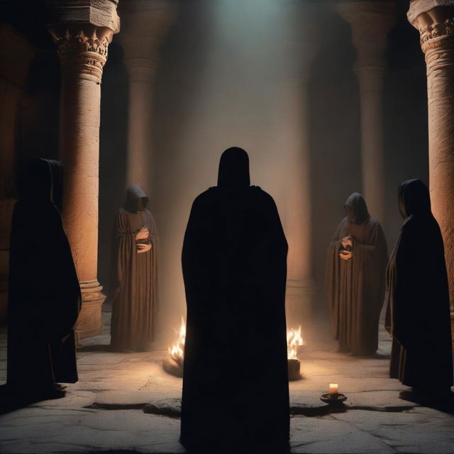 A dramatic scene titled 'The Ritual,' depicting a group of robed figures gathered in a circle around an ancient stone altar