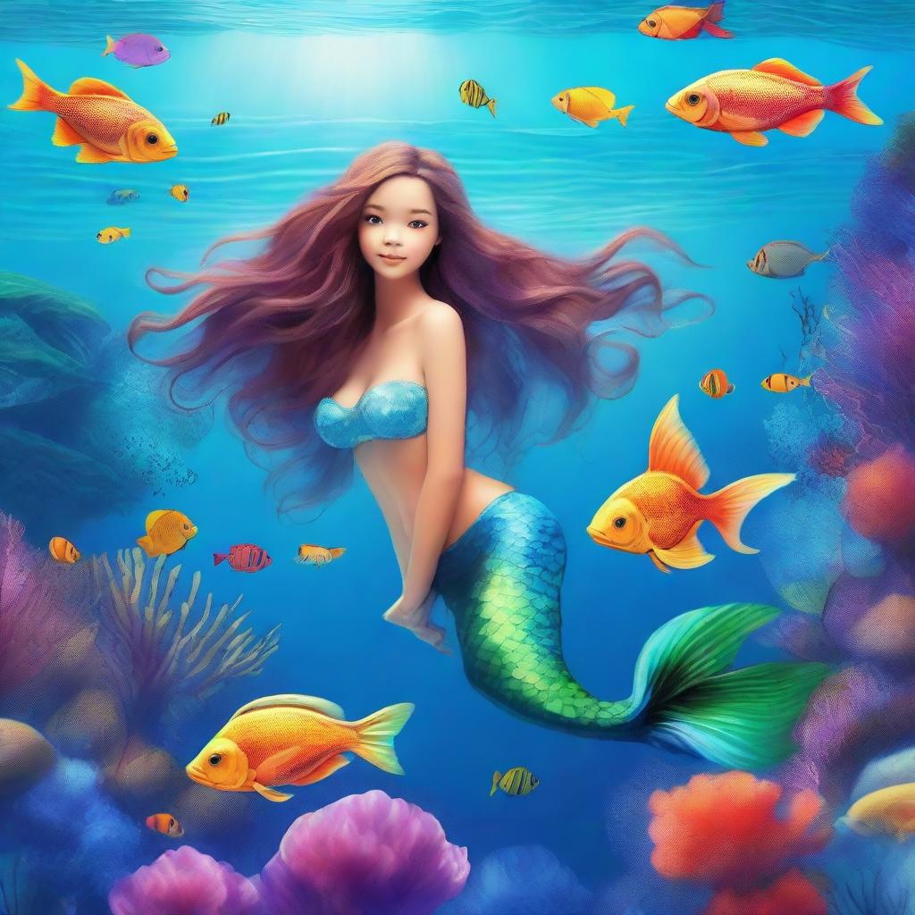 A beautiful mermaid swimming gracefully in the clear blue ocean, surrounded by colorful coral reefs and various sea creatures like fish and turtles