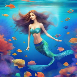 A beautiful mermaid swimming gracefully in the clear blue ocean, surrounded by colorful coral reefs and various sea creatures like fish and turtles