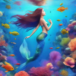 A beautiful mermaid swimming gracefully in the clear blue ocean, surrounded by colorful coral reefs and various sea creatures like fish and turtles