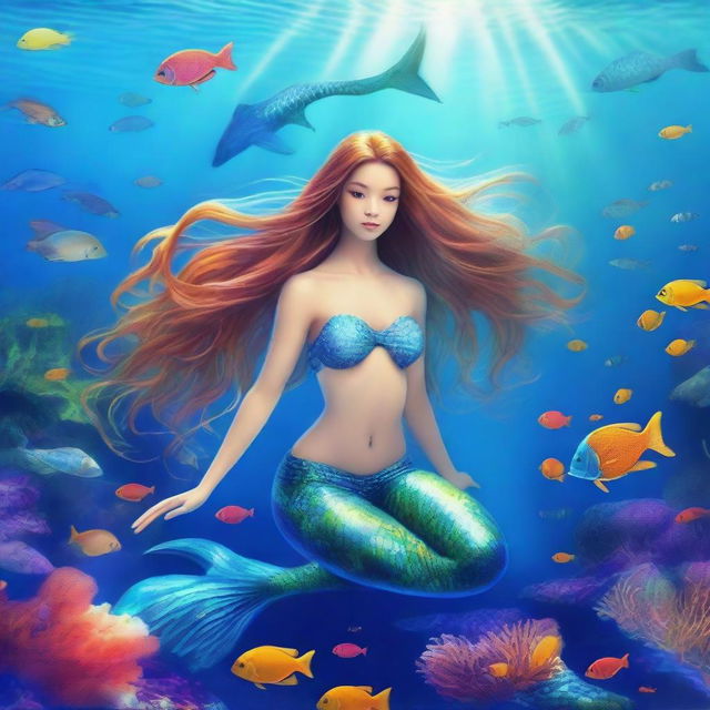 A beautiful mermaid swimming gracefully in the clear blue ocean, surrounded by colorful coral reefs and various sea creatures like fish and turtles