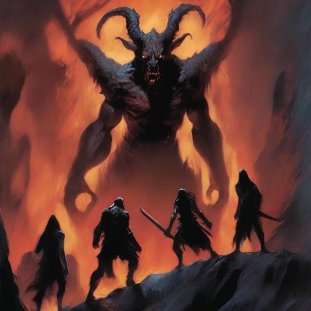 A gripping scene titled 'Chapter 16: Into the Demon's Realm,' depicting a group of adventurers stepping through a portal into a nightmarish landscape